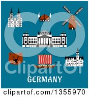 Poster, Art Print Of Flat Design Bear Reichstag Building Gothic Cathedral And Castle Windmill Viking Helmet With Horns And Longship Drakkar Over Germany Text On Blue