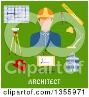 Poster, Art Print Of Flat Design Architect Drawing Table Blueprint Compasses Protractor Lamp Ruler Building And Automatic Level On Tripod Over Text On Green