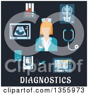Flat Design Nurse Or Doctor Stethoscope Chest X-Ray Blood Test Tubes Ecg And Ultrasound Monitors Blood Pressure Cuff Over Text On Dark Blue