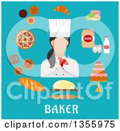 Flat Design Female Baker And Goods Over Text On Blue
