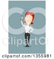 Poster, Art Print Of Flat Design Red Haired White Business Woman Holding Up A Smart Phone On Blue