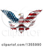 Poster, Art Print Of Flying American Flag Patterned Bald Eagle Holding A Peace Olive Branch And War Arrows