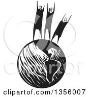 Poster, Art Print Of Black And White Woodcut Group Of People Cheering Or Shouting For Help On Top Of Planet Earth