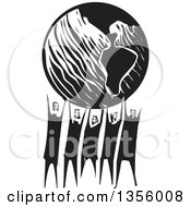 Black And White Woodcut Group Of People Holding Up Planet Earth