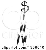 Clipart Of A Black And White Woodcut Group Of Men Forming A Pyramid With A Dollar Currency Symbol At The Top Royalty Free Vector Illustration by xunantunich