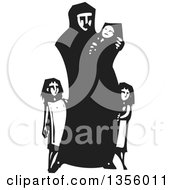 Black And White Woodcut Islamic Refugee Mother With Her Children