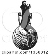 Clipart Of A Black And White Woodcut Islamic Refugee Mother With Her Children On Top Of Earth Royalty Free Vector Illustration