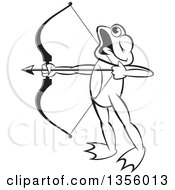 Clipart Of A Cartoon Black And White Frog Archer Aiming An Arrow Royalty Free Vector Illustration by Lal Perera