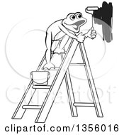 Poster, Art Print Of Cartoon Black And White Frog On A Ladder Painting A Wall