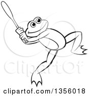 Clipart Of A Cartoon Black And White Frog Swinging A Baseball Bat Royalty Free Vector Illustration