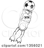 Poster, Art Print Of Cartoon Black And White Frog Leaping For A Soccer Ball