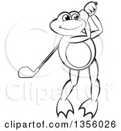 Clipart Of A Cartoon Black And White Frog Playing Golf Royalty Free Vector Illustration by Lal Perera