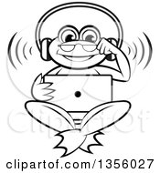 Poster, Art Print Of Cartoon Black And White Frog Wearing Headphones And Watching Something On A Laptop Computer