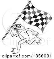Poster, Art Print Of Cartoon Black And White Frog Running With A Checkered Race Flag