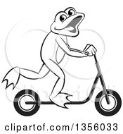 Clipart Of A Cartoon Black And White Frog On A Toy Scooter Royalty Free Vector Illustration by Lal Perera