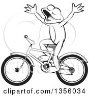 Poster, Art Print Of Cartoon Black And White Frog Riding A Bicycle Without Hands