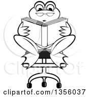 Poster, Art Print Of Cartoon Black And White Frog Sitting In A Chair And Reading A Book