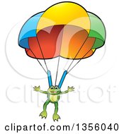 Clipart Of A Cartoon Green Frog Parachuting Royalty Free Vector Illustration