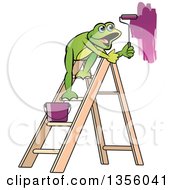 Poster, Art Print Of Cartoon Green Frog On A Ladder Painting A Wall