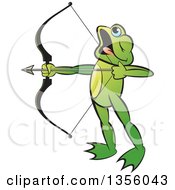 Poster, Art Print Of Cartoon Green Frog Archer Aiming An Arrow
