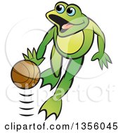 Poster, Art Print Of Cartoon Green Frog Dribbling A Basketball