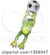 Poster, Art Print Of Cartoon Green Frog Leaping For A Soccer Ball
