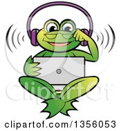 Poster, Art Print Of Cartoon Green Frog Wearing Headphones And Watching Something On A Laptop Computer