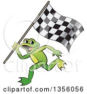 Poster, Art Print Of Cartoon Green Frog Running With A Checkered Race Flag