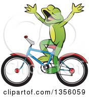 Poster, Art Print Of Cartoon Green Frog Riding A Bicycle Without Hands