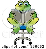 Poster, Art Print Of Cartoon Green Frog Sitting In A Chair And Reading A Book