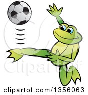 Poster, Art Print Of Cartoon Green Frog Kicking A Soccer Ball