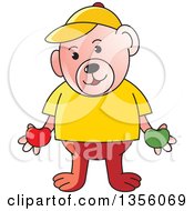 Poster, Art Print Of Cartoon Casual Teddy Bear Holding Red And Green Apples