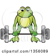 Poster, Art Print Of Cartoon Green Frog Bending To Lift A Heavy Barbell