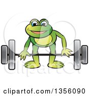 Poster, Art Print Of Cartoon Green Frog Bending To Lift A Barbell