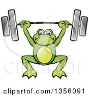 Poster, Art Print Of Cartoon Green Frog Holding A Heavy Barbell Over His Head