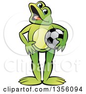 Poster, Art Print Of Cartoon Green Frog Holding A Soccer Ball