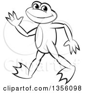 Clipart Of A Cartoon Black And White Frog Walking And Waving Royalty Free Vector Illustration