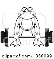 Poster, Art Print Of Cartoon Black And White Frog Bending To Lift A Heavy Barbell