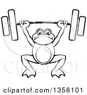 Poster, Art Print Of Cartoon Black And White Frog Holding A Heavy Barbell Over His Head
