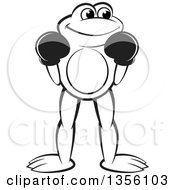 Clipart Of A Cartoon Black And White Frog Boxer Royalty Free Vector Illustration