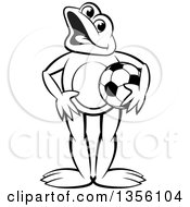 Clipart Of A Cartoon Black And White Frog Holding A Soccer Ball Royalty Free Vector Illustration by Lal Perera