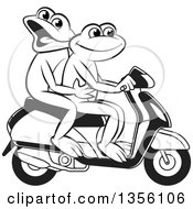 Clipart Of Cartoon Black And White Frogs On A Scooter Royalty Free Vector Illustration by Lal Perera