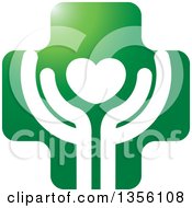 Poster, Art Print Of Green Cross And Hands Cupping Heart Icon
