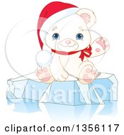 Poster, Art Print Of Cute Baby Polar Bear Cub Wearing A Christmas Santa Hat And Presenting Or Waving On Ice
