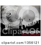 Poster, Art Print Of Halloween Background Of A Silhouetted Devil In A Cemetery With Vampire Bats A Spider And Bare Trees Over Grungy Metal With Text