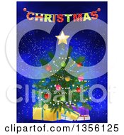 Poster, Art Print Of 3d Christmas Tree With Gifts Under A Colorful Banner On Blue With Flares