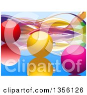Clipart Of A Background Of 3d Shiny Christmas Bauble Ornaments Over Colorful Waves Royalty Free Vector Illustration