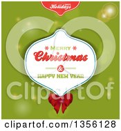 Clipart Of A Merry Christmas And Happy New Year Greeting On A Paper Bauble Over Green Royalty Free Vector Illustration by elaineitalia