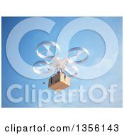 Poster, Art Print Of 3d Rc Quadcopter Drone Flying With A Package Against Blue Sky