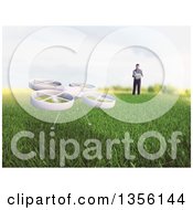 Poster, Art Print Of 3d Man Flying A Rc Quadcopter Drone In A Meadow